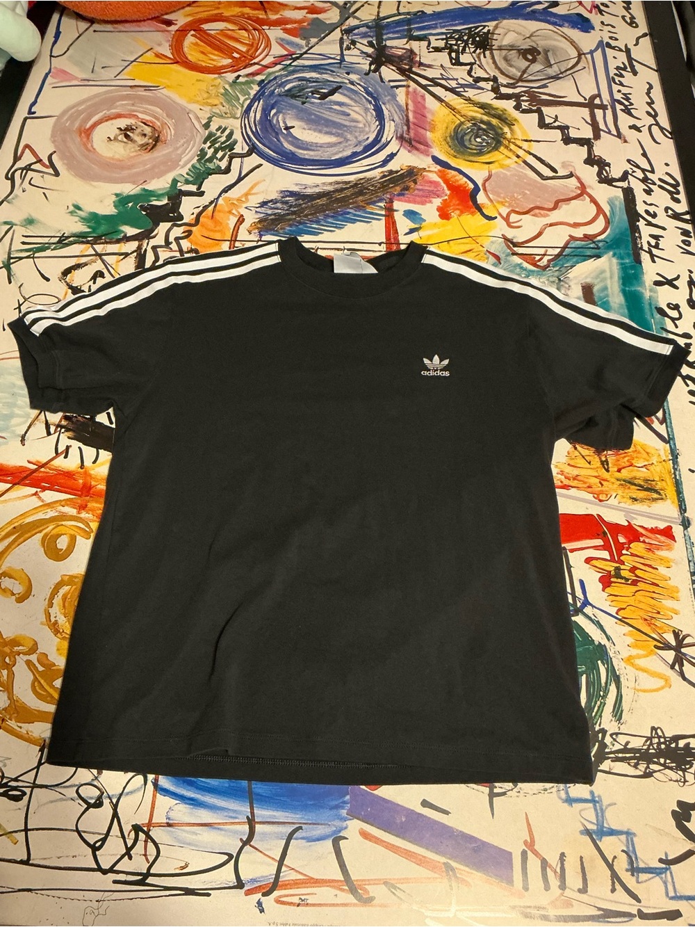 adidas Black Short Sleeve Tee with White Shoulder Stripes